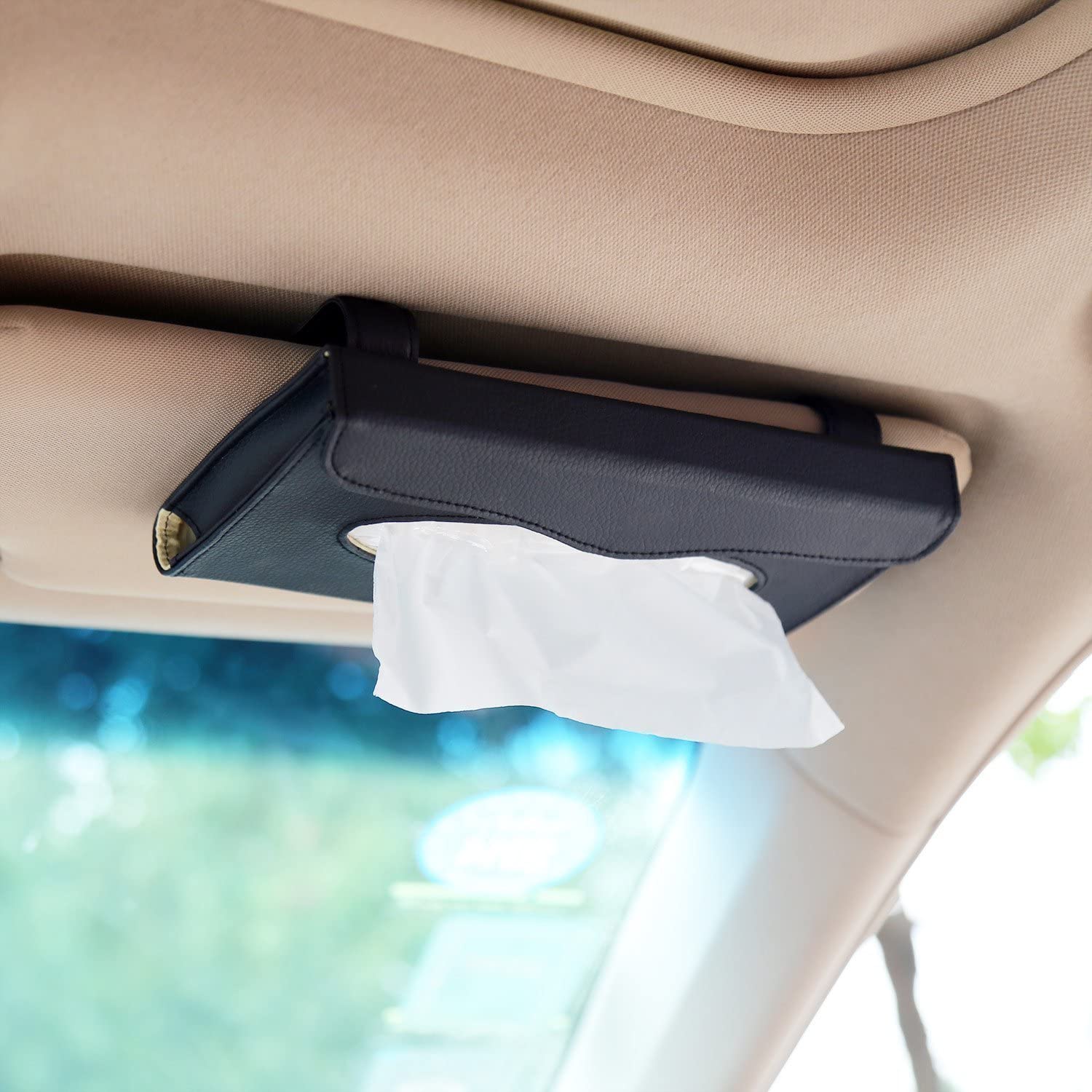 Sun Visor PU Leather Car Visor Napkin Tissue Holder, Black