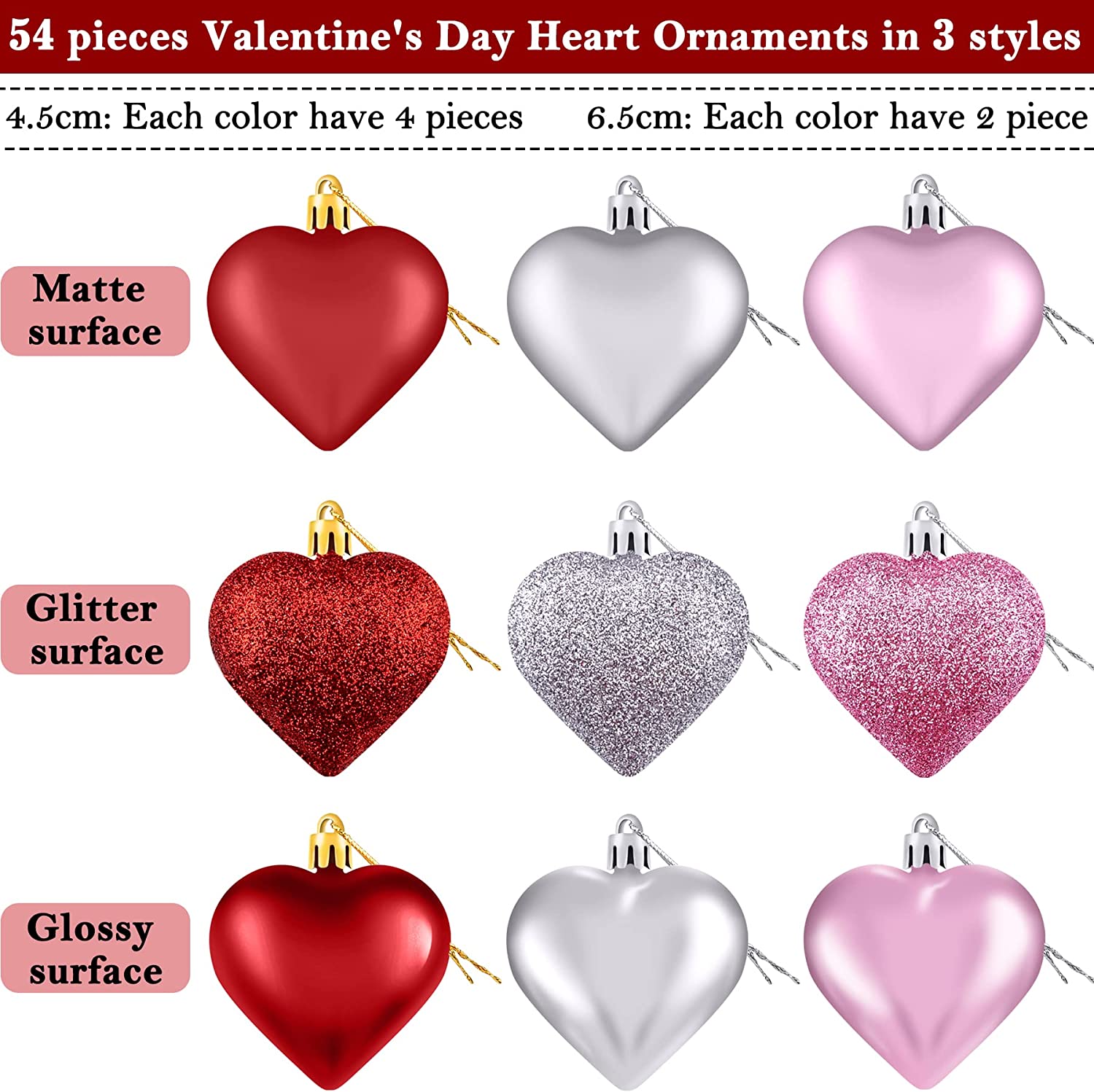 54 Pieces Heart Day Ornaments Valentines Decorations Red & Pink