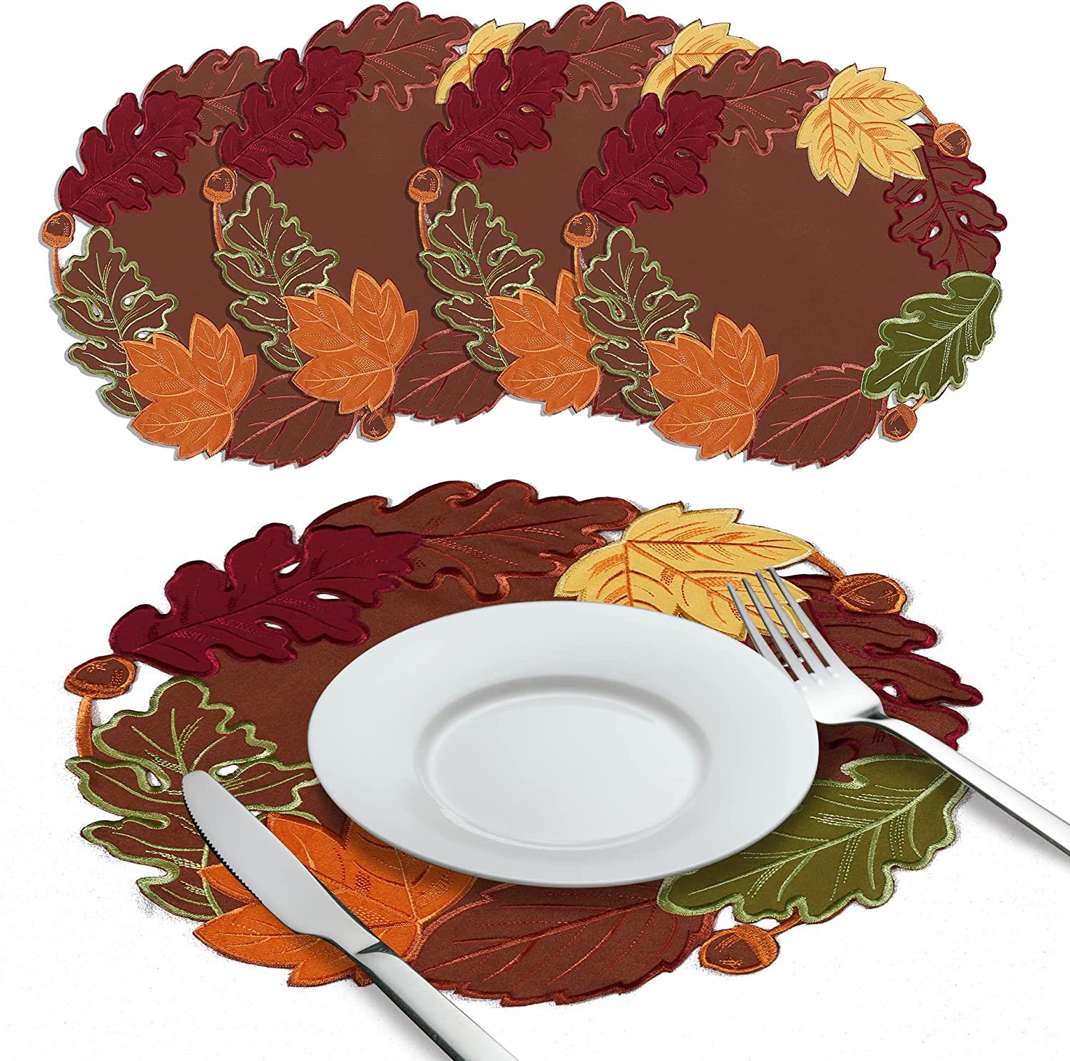 Set of 4 15" Table Placemats Fall Leaf Thanksgiving Doilies with Cutwork Applique Embroidery on Border