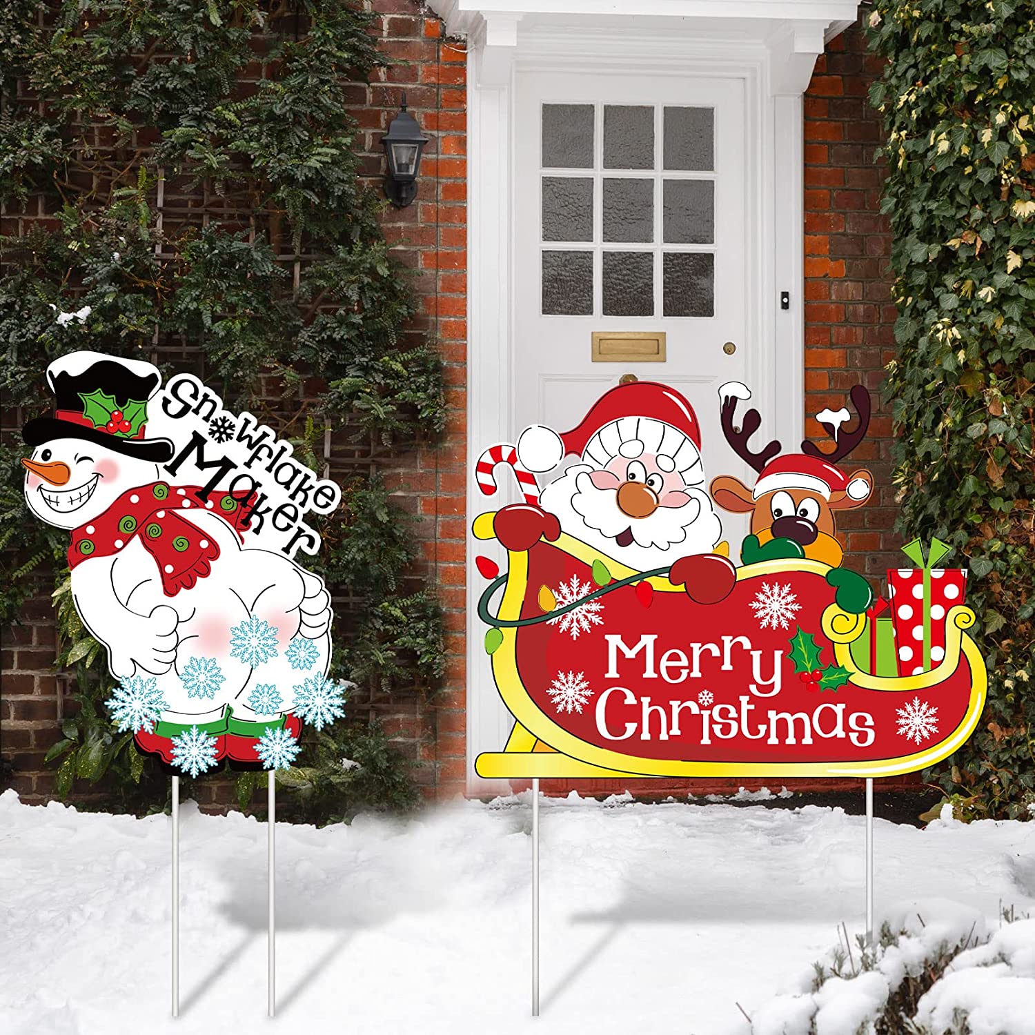 Christmas Yard Decoration 2 Pieces Outdoor Yard Sign with Stakes Funny Snowman Lawn Sign