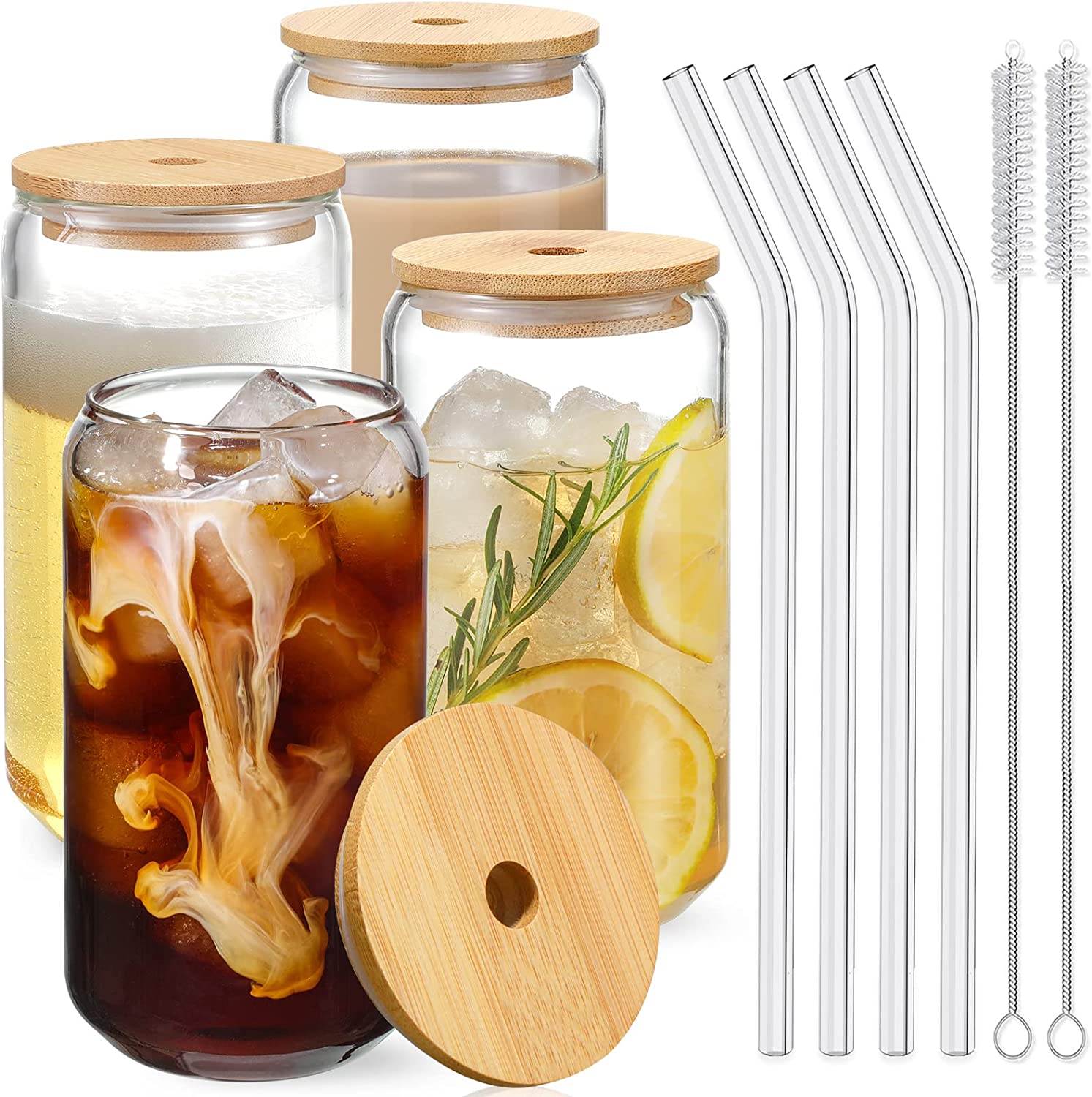 16 oz Drinking Glasses with Bamboo Lids and Glass Straw 4pcs Set