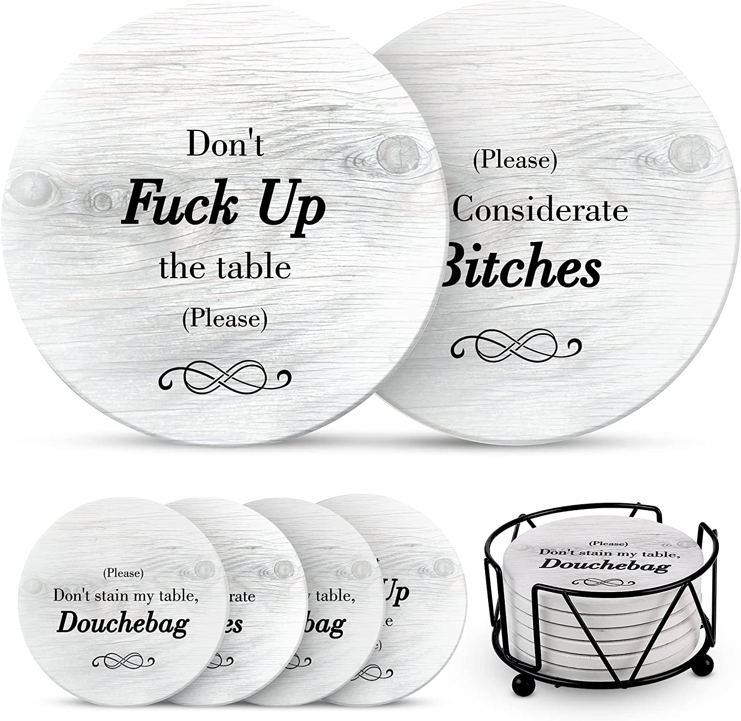 Funny Coasters Funny Drink Set with Holder, 6 Pieces - For Gifts, Home Decor, Bar Decorations