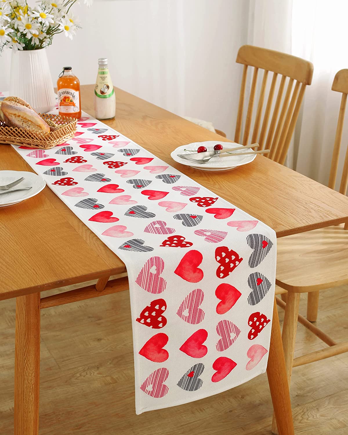 Table Runner Red Pink Heart Valentines Day Table Runner, 72" Long