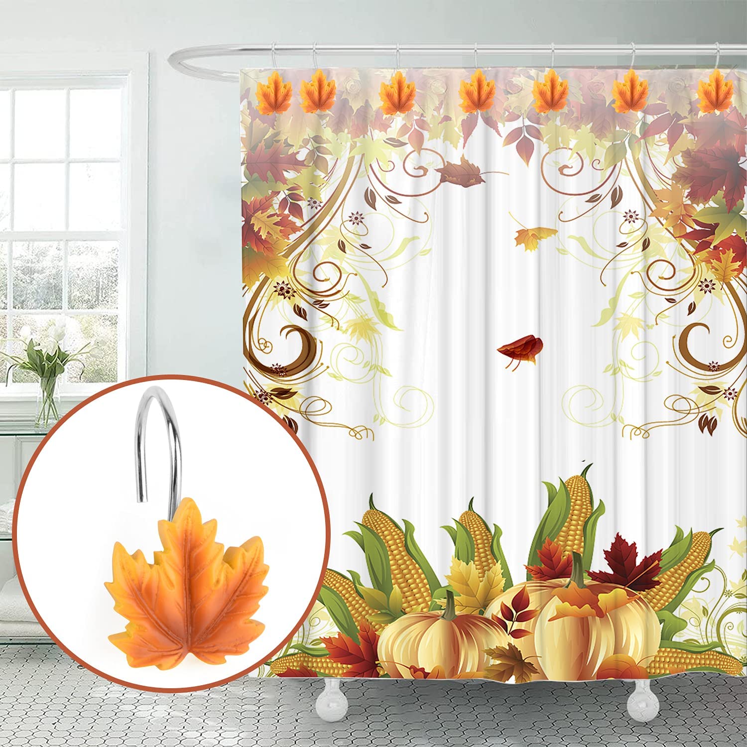 12 Anti Rust Decorative Thanksgiving Farmhouse Autumn Fall Shower Curtain Rings for Bathroom Bedroom Room Decor(Maple Leaves)