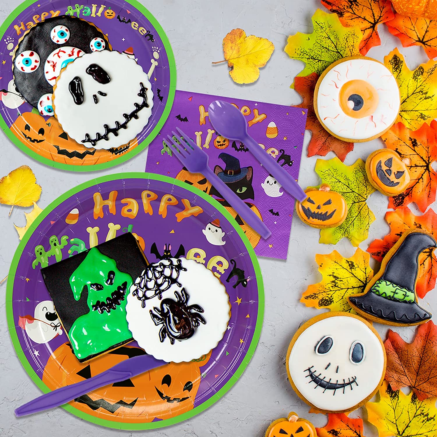Cute Halloween Black Cats Pumpkin Ghosts Skeleton Tableware Halloween Party Supplies, Serve 24 Guests