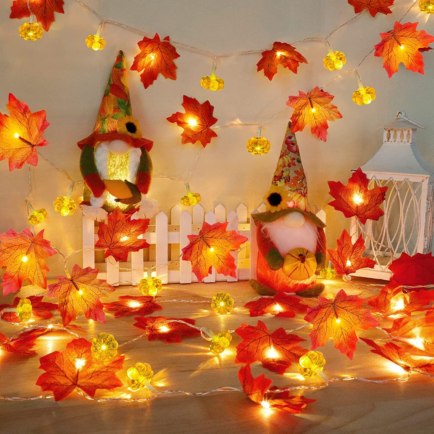 2 Pack Fall Decorations Realistic Fall Pumpkin Garland Lights with Timer Total 20FT 60LED Fall Lights Battery Operated for Halloween Fall Decoration