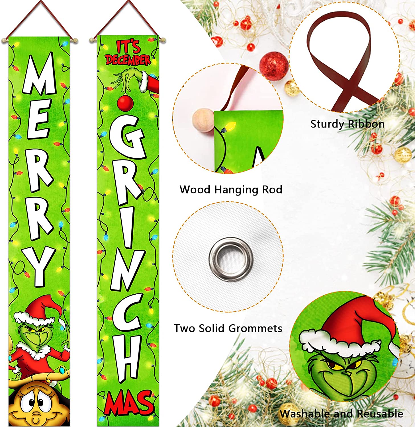 Christmas Porch Banner Sign Merry Door Hanging Xmas Decor Decorations Grinch Banner