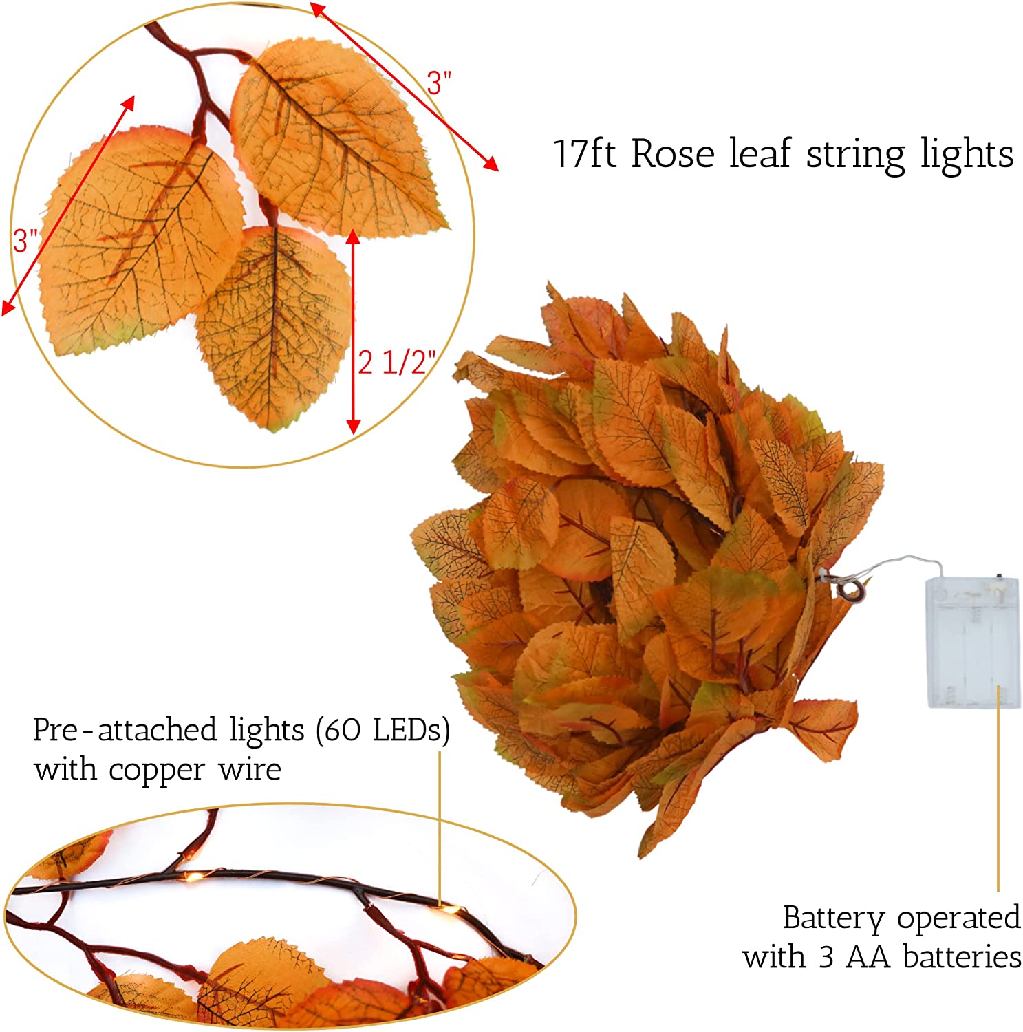 17ft Leaf String Garland Attic Rose Leaves Fall Light Hanging Prelit Vin Pre-Lit Vine