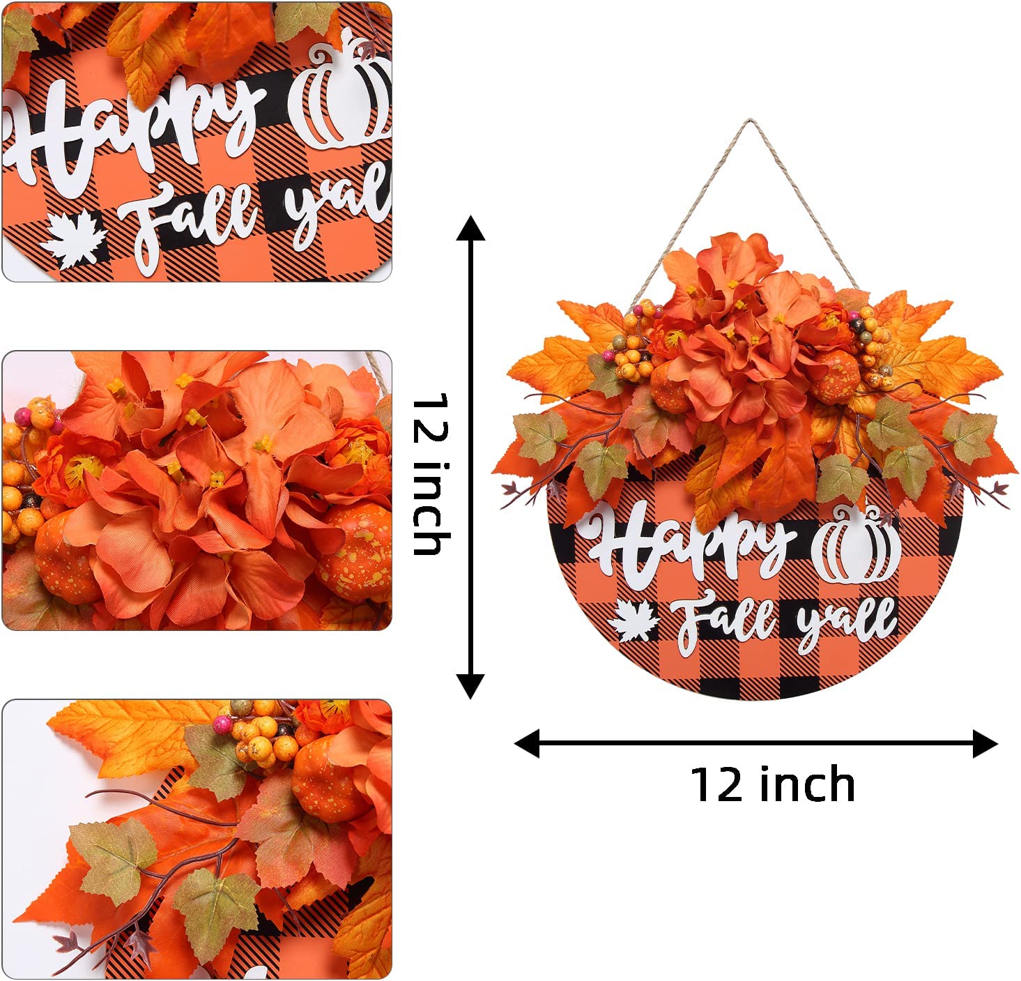 12" Happy Fall Yall Autumn Wreath for Front Door Thanksgiving Decorations for Home