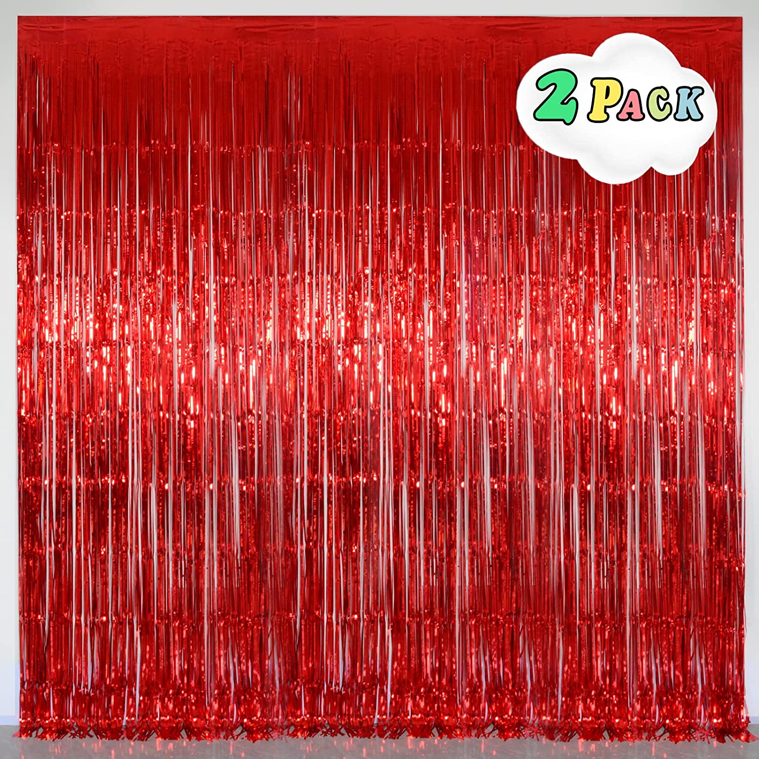 Red Fringe Party Foil Curtain Tinsel Backdrop, Pack of 2 Metallic Tinsel Curtains, 3.2 x 8 FT