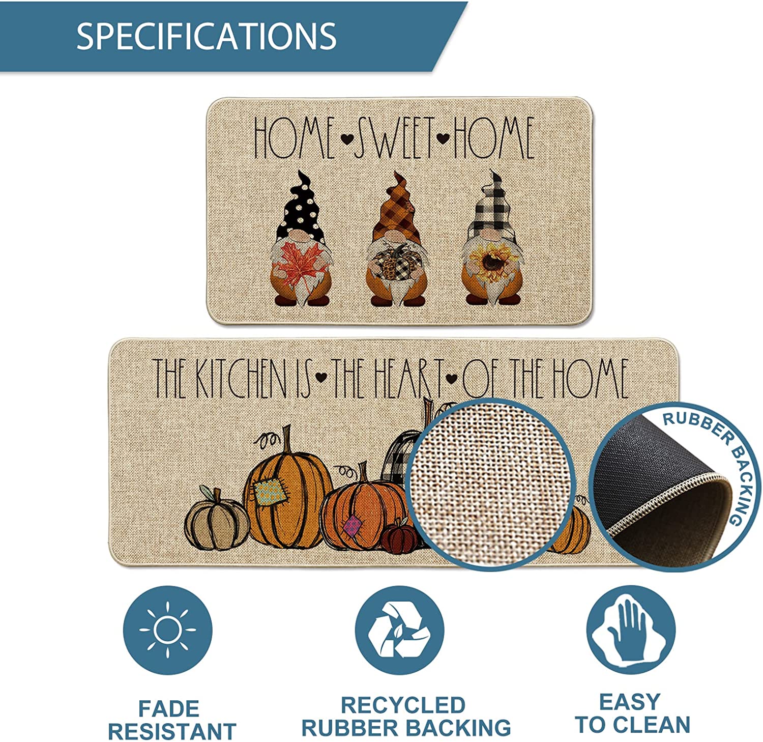 Kitchen Decorative Pumpkin Home Gnome Mats Fall Set Sweet Door Mat 17" x 29" and 17" x 47"