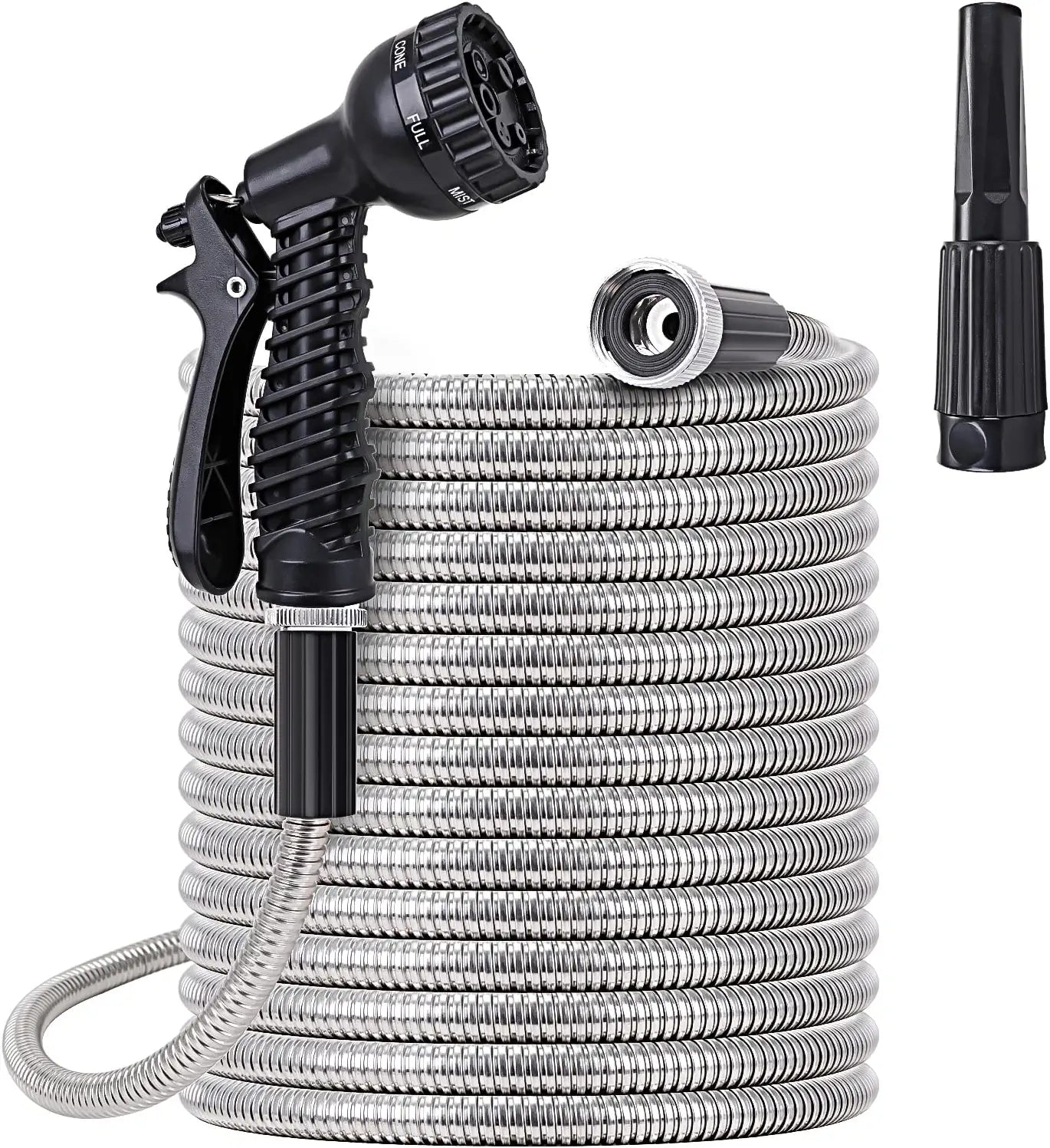 Metal Garden Water Hose with 2 Nozzles, Heavy Duty Stainless Steel, Lightweight, 50 Ft