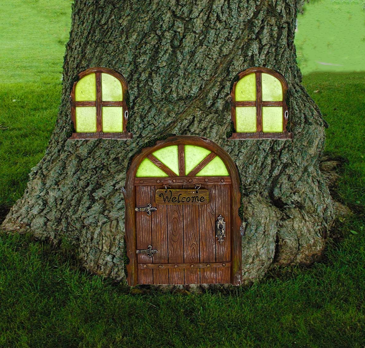 Fairy Door Home Gnome Window Miniature Garden Decoration with Welcome Sign for Trees Decoration