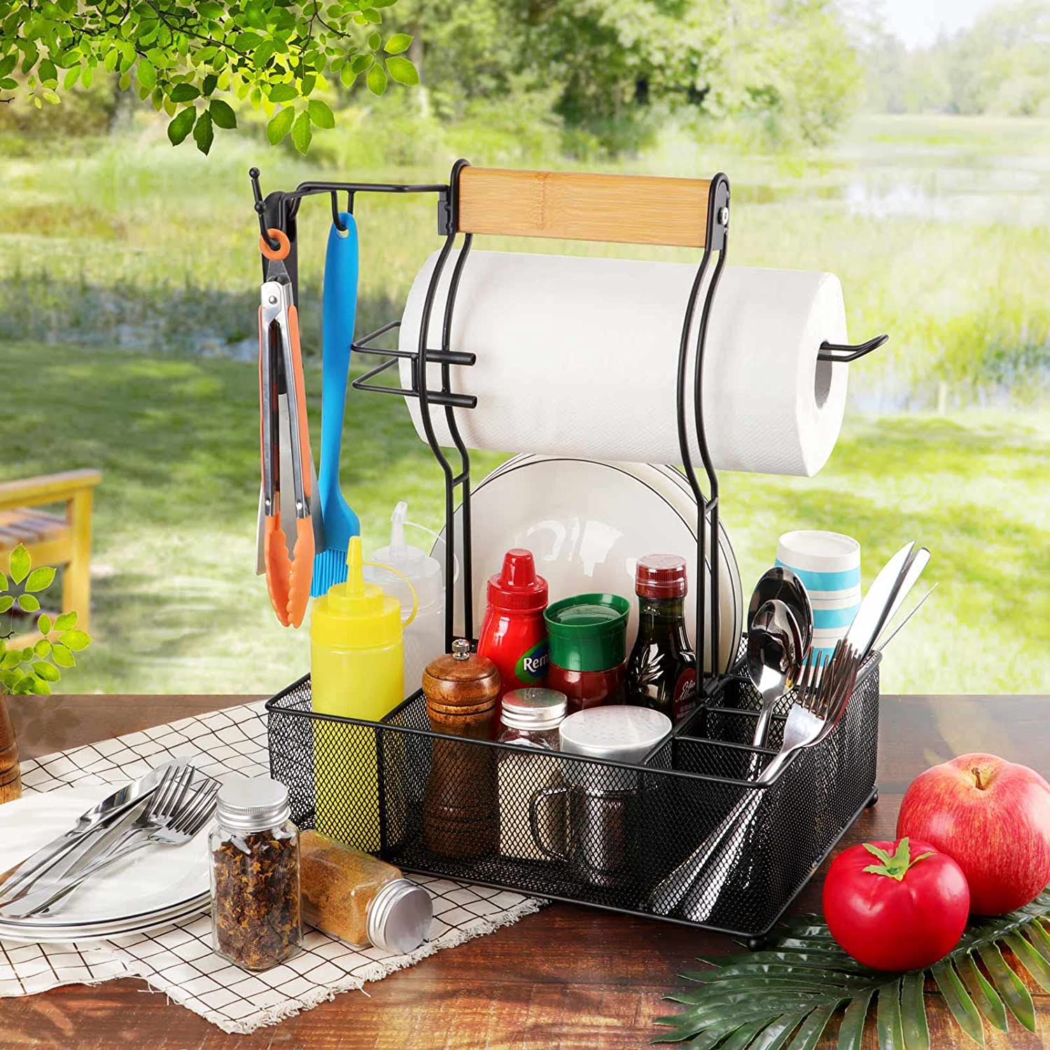 Large Picnic Utensil Condiment Caddy Organizer with 3 Hanging Hooks and Paper Towel Holder for Camping