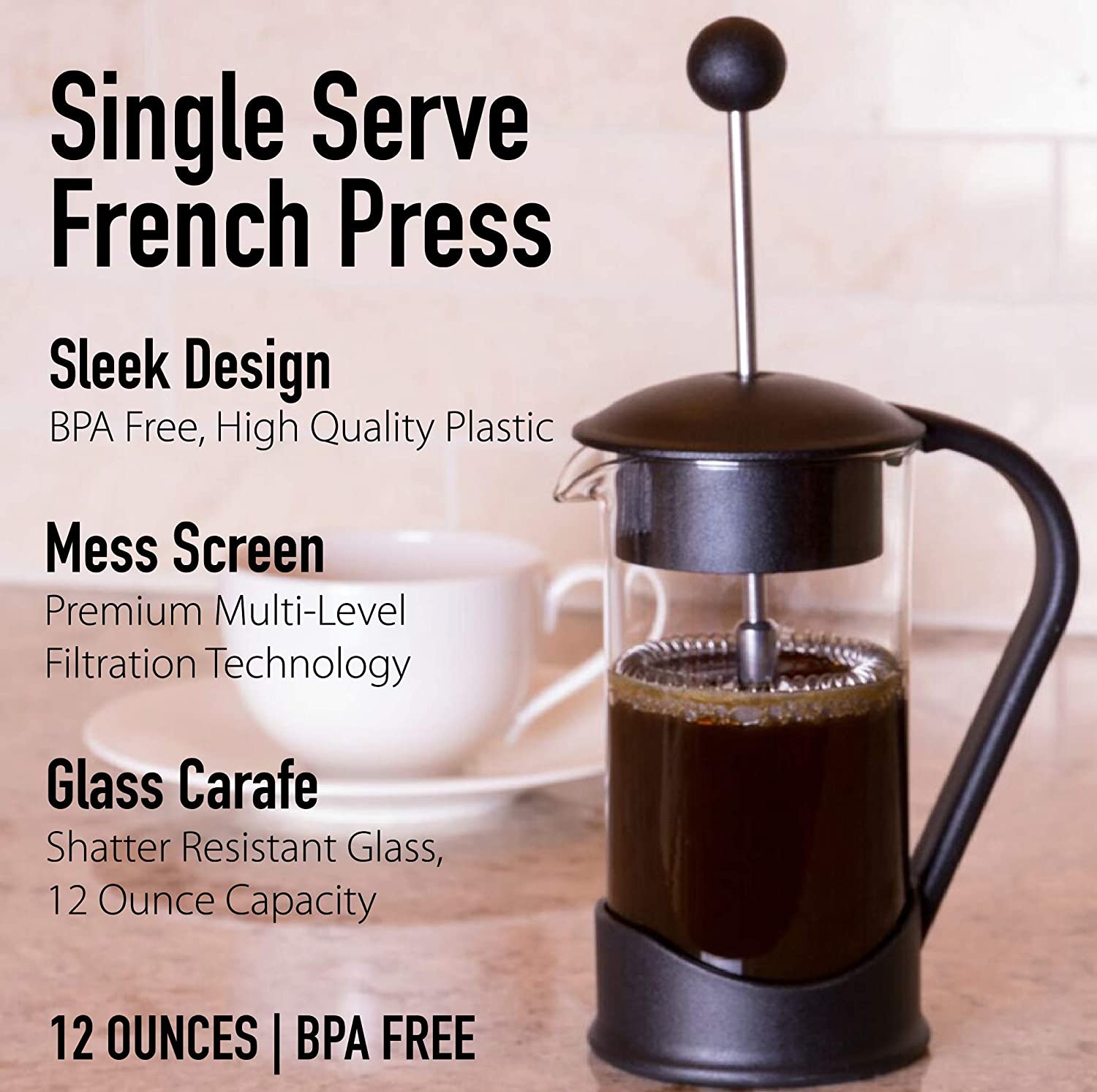 French Press Coffee Brewer Maker 2 Cup Capacity, Black