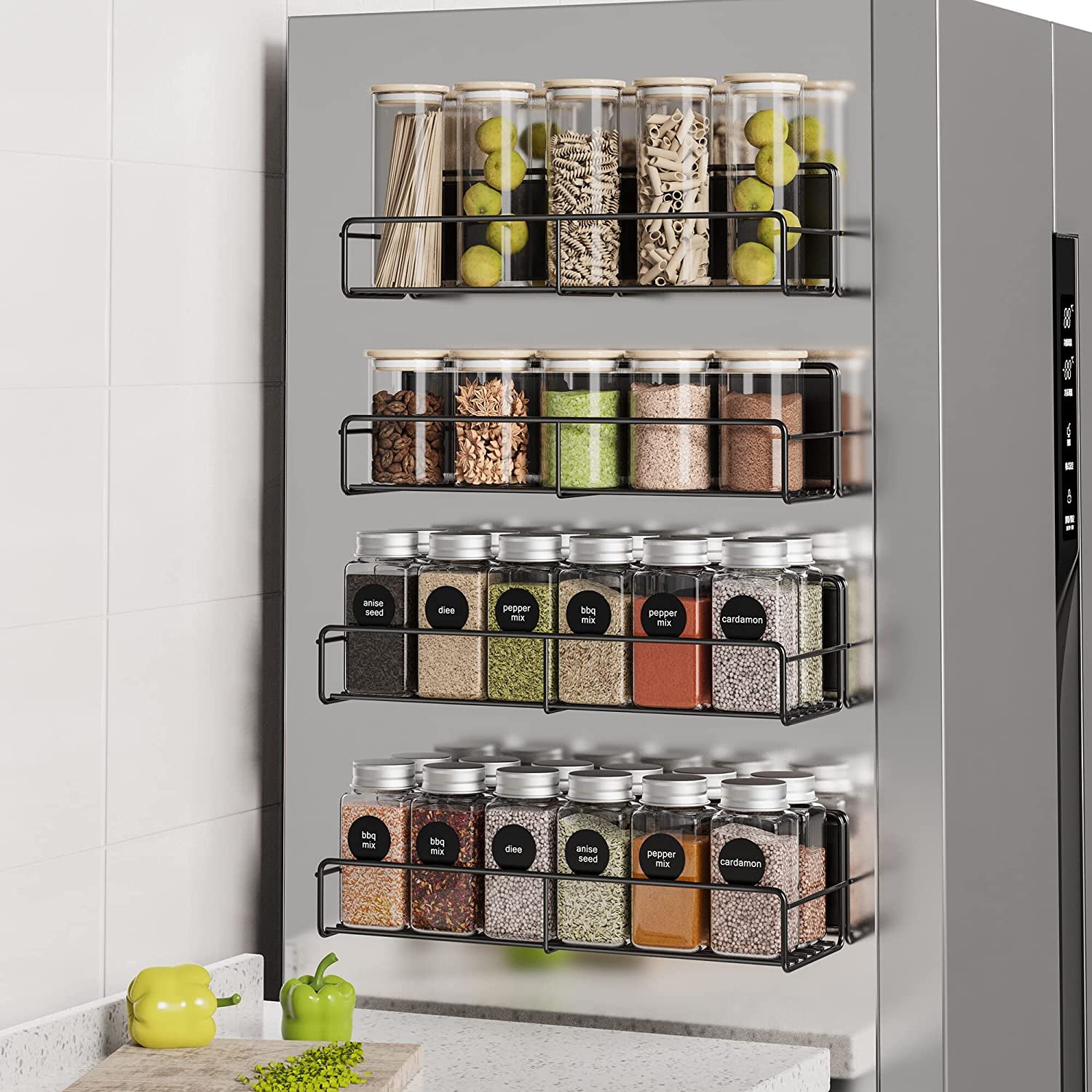 Magnetic Refrigerator Spice Rack Organizer, Space Saver - 4 Pack, Black