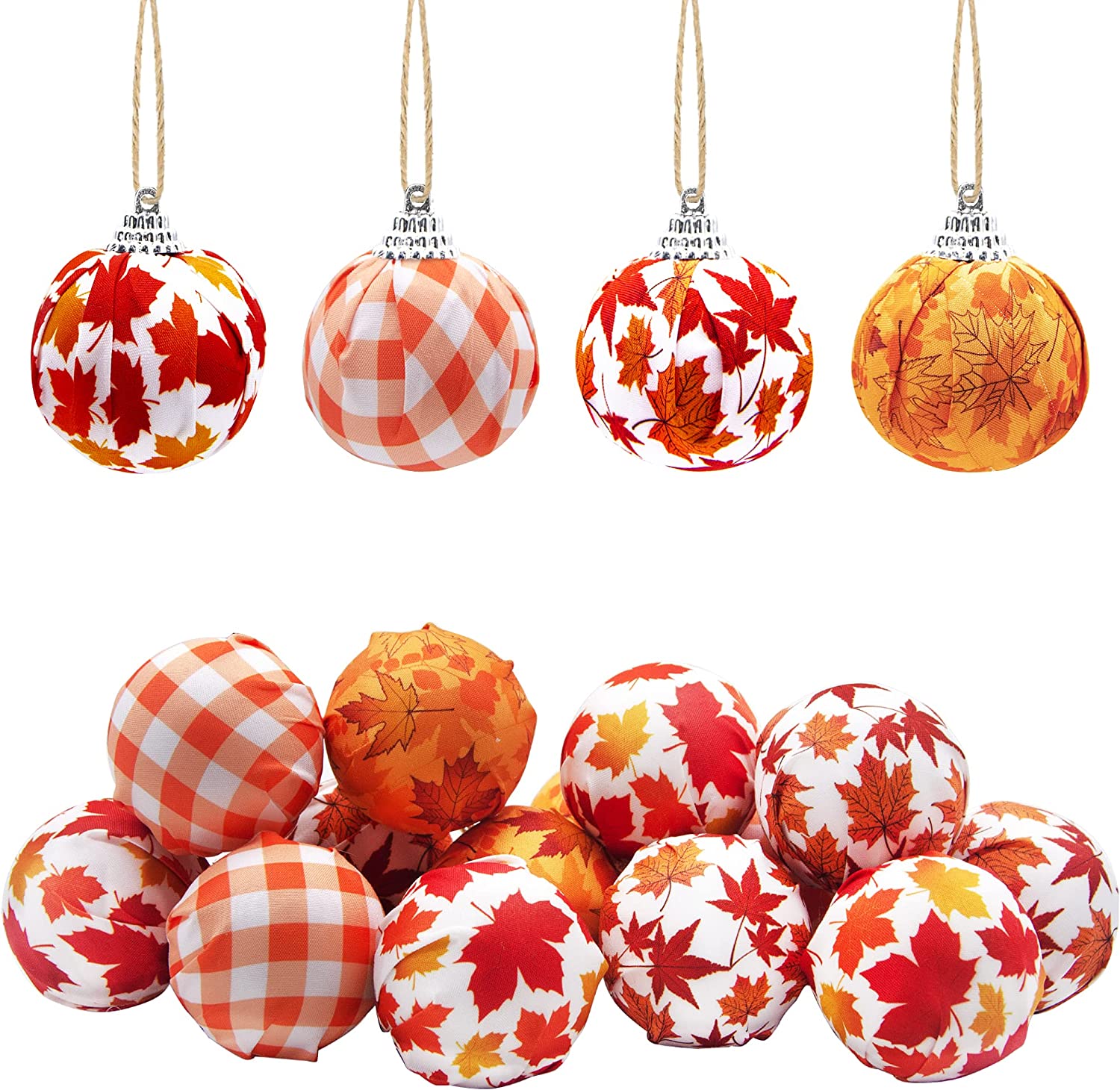 Fall Thanksgiving 16 Pieces Hanging Ornaments Maple Leaf Check Fabric Wrapped Ball