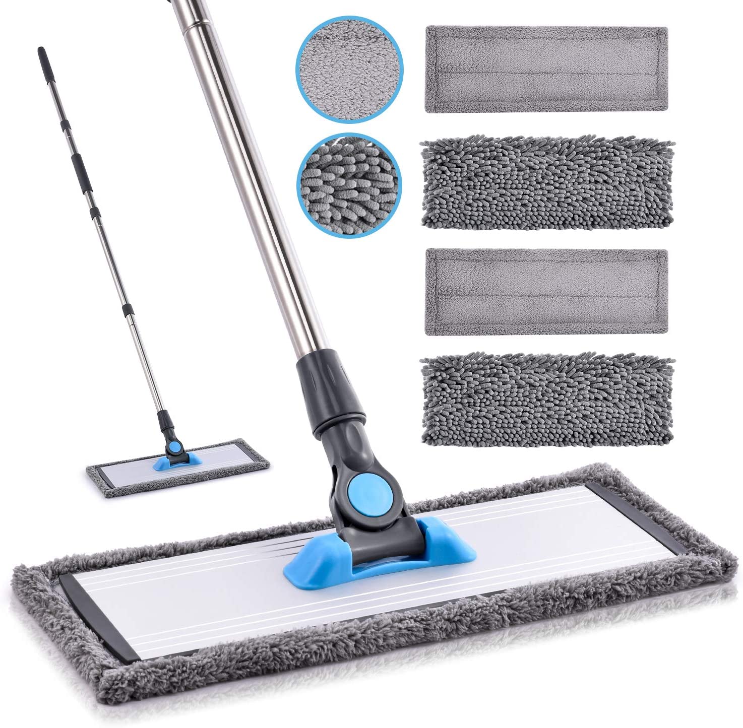 Microfiber Dust Mop Floor Cleaning Hardwood Wood Tile Vinyl, Wet Flat Mop with 4 Washable Reusable Microfiber Pads and Aluminum Mop Head