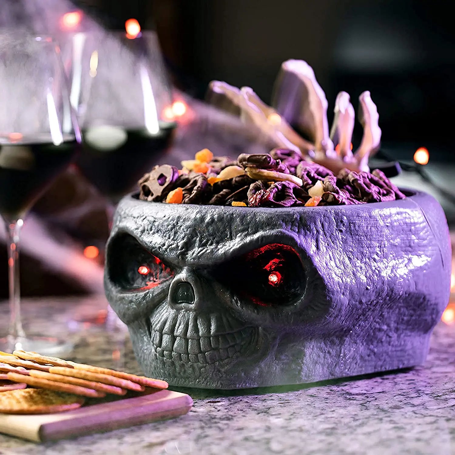 Animated Halloween Skull Candy Bowl Plastic Large, Motion Activated Halloween Skull Candy, (Grey)