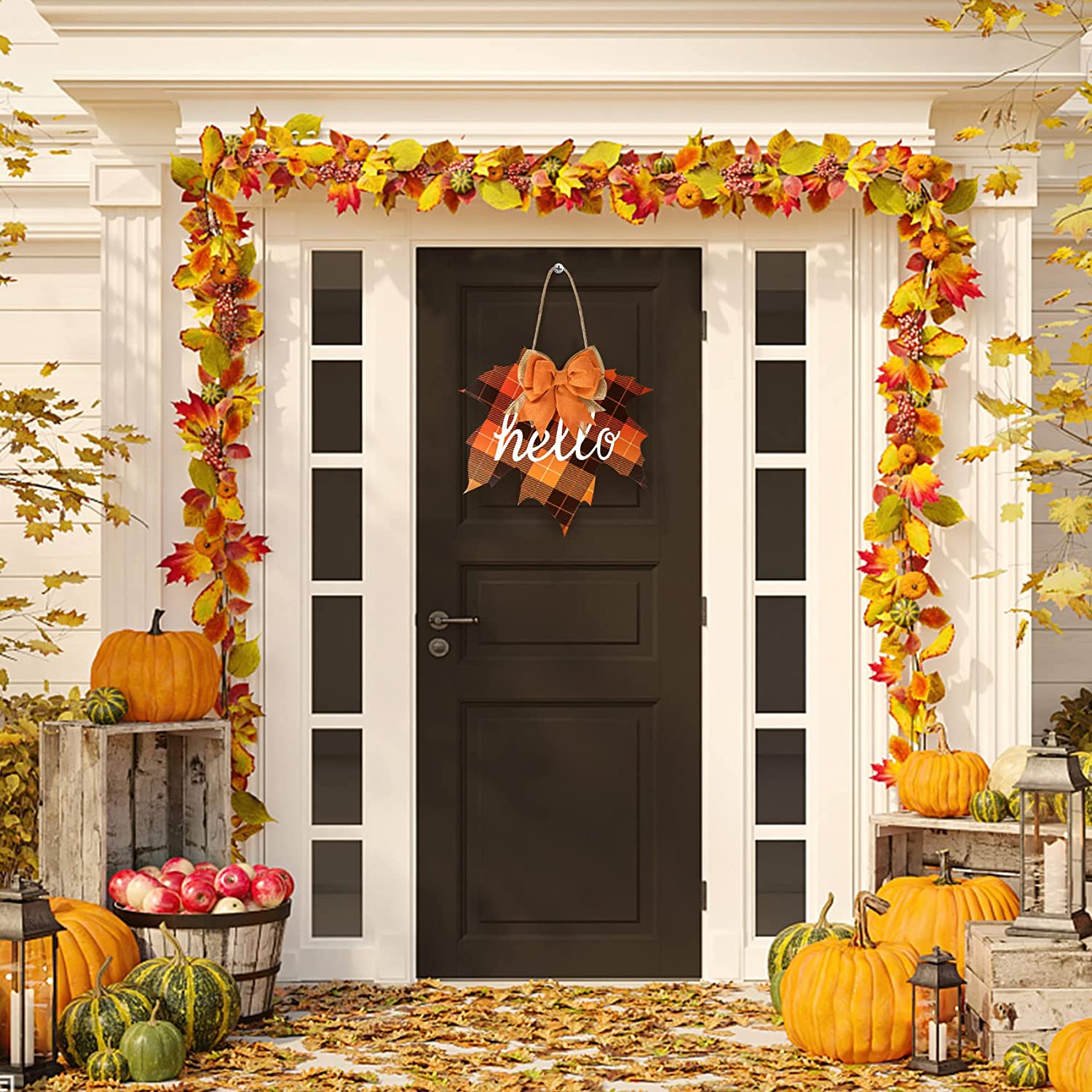 Fall Sign Hello Decor Thanksgiving Door Buffalo Check Plaid Maple Leaf Welcome Door Sign