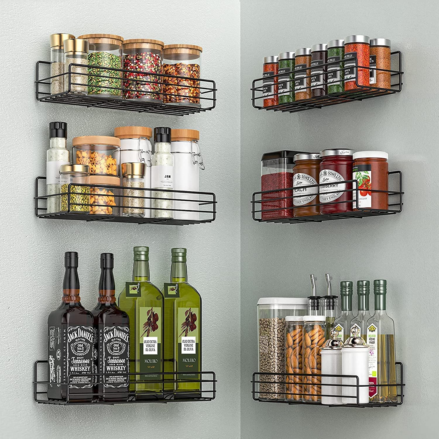 Spice Rack Organizer Wall Storage Kitchen, 6 Pack, Hanging Black Spice Pantry Organization Storage Shelf