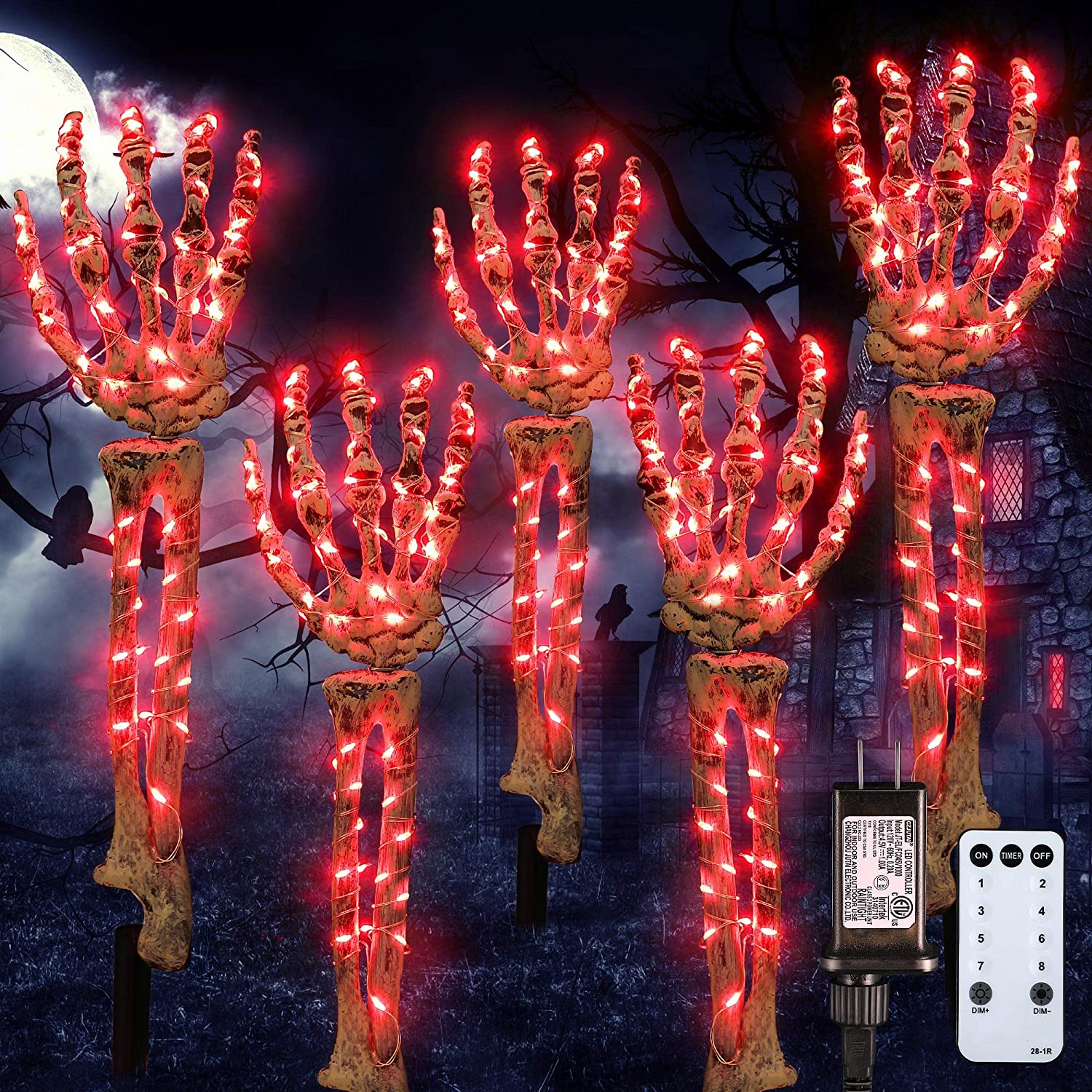 5 Pack Blood Red LED Skeleton Arm Hands Stakes, 120 LED with 8 Lighting Modes, 10 ft, Scary Halloween Props