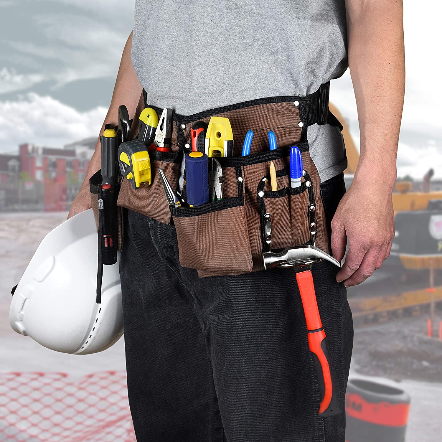 Brown and Black Heavy Duty Construction Tool Belt 11 Pocket, Adjustable from 33" to 50"