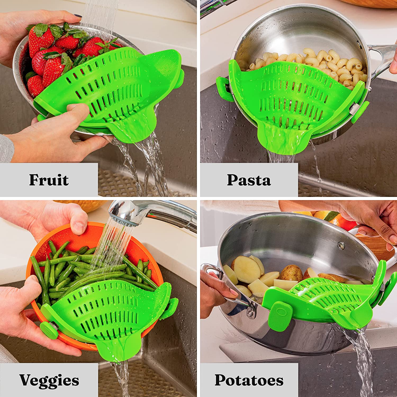 Strainer Strain Snap And Pot Pasta Adjustable Kitchen Gizmo Silicone Clip Pots Pan Bowls Green Lime Colander