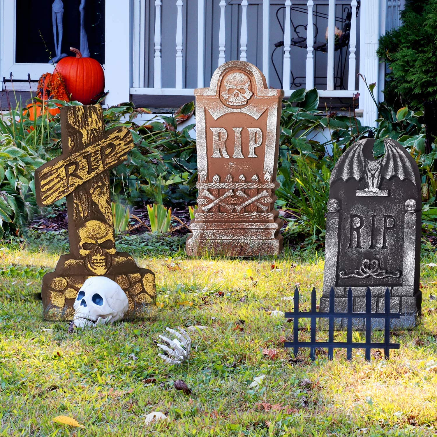 5 Pack Foam RIP Graveyard Tombstones Halloween Decor with 12 Plastic Stakes for Outdoor Indoor