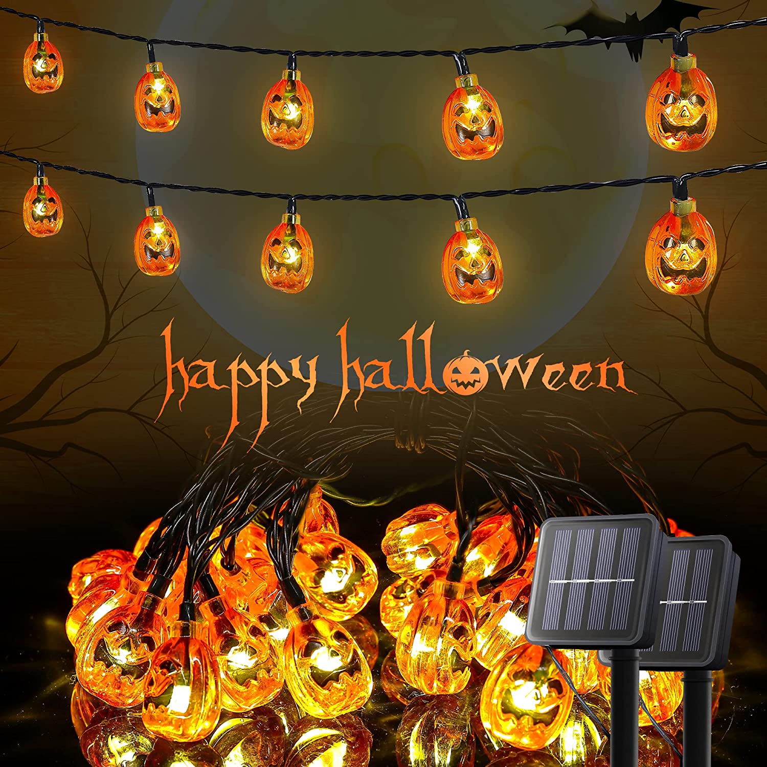 2 Pack Pumpkin Solar Strong String Lights Outdoor 20 FT 30 LED Halloween Decoration for Outdoor Garden, Yard