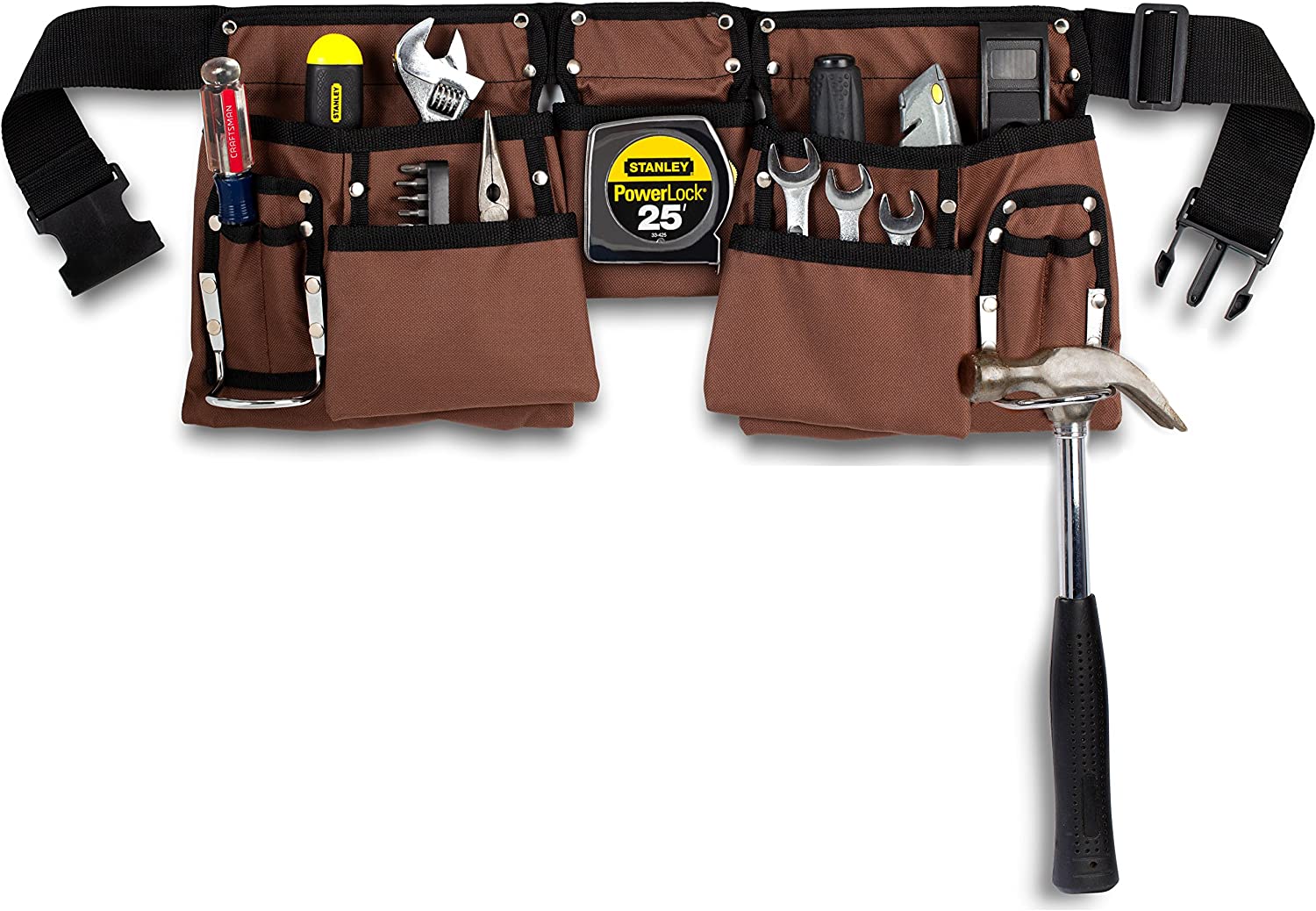 Brown and Black Heavy Duty Construction Tool Belt 11 Pocket, Adjustable from 33" to 50"