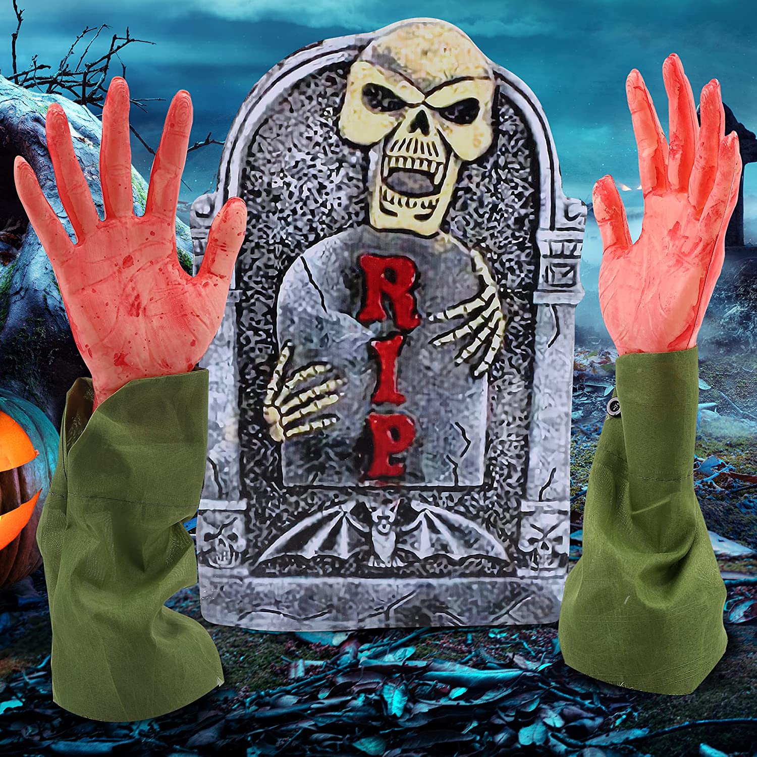 Bloody Zombie Arms Hands Set Includes Two 17'' Stakes and a 16'' Corrugated RIP Graveyard Gravestone Tombstone with Stakes