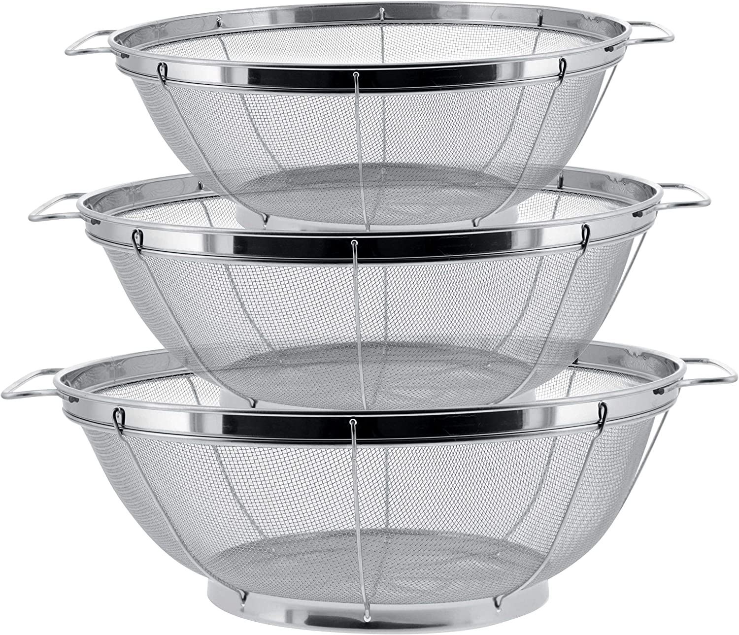 3 Piece Colander Set Stainless Steel Mesh Strainer Net Baskets with Handles & Resting Base