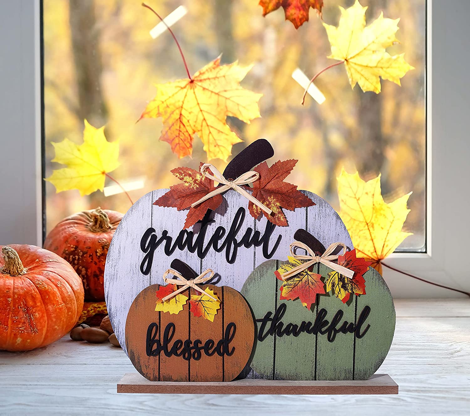 Fall Decor Thanksgiving Decorations Home Blessed Grateful Thankful Wooden Pumpkin Tabletop Signs for Indoor