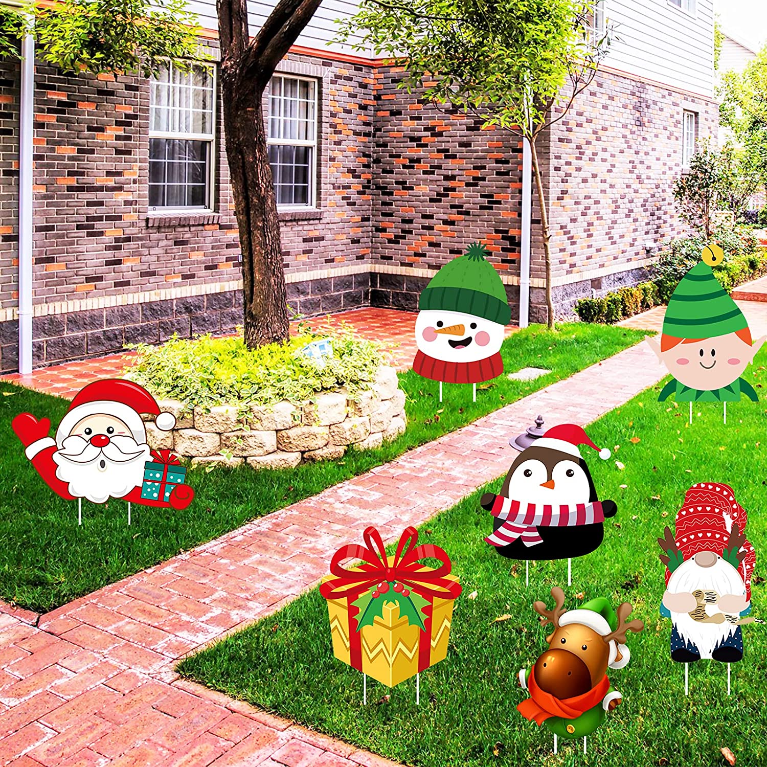 7 Pieces Christmas Yard Signs Stakes Outdoor Decorations Santa Claus, Elf, Snowman, Reindeer, Penguin, Gnome