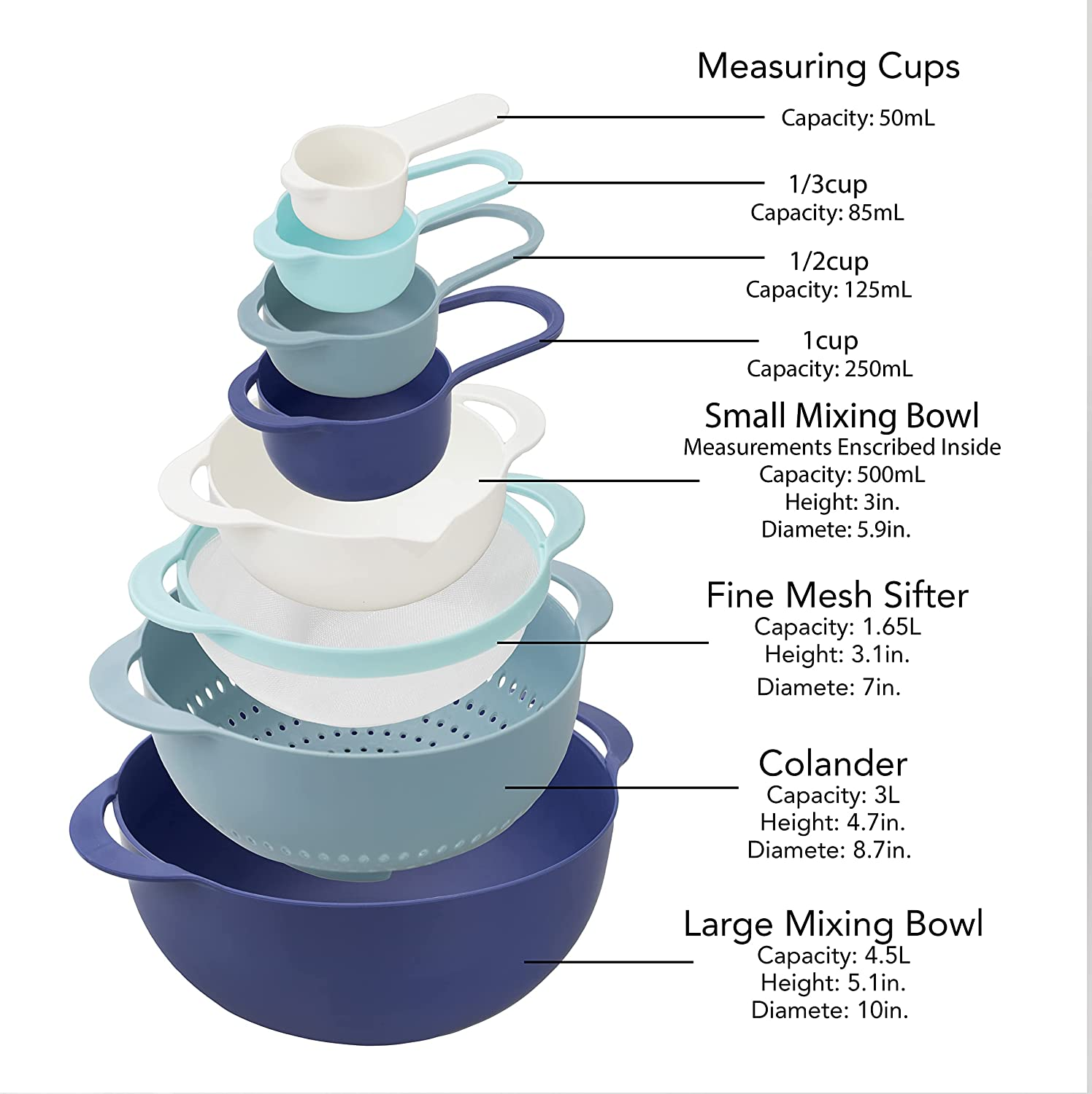 Set of  8 Nesting Bowls with Measuring Cups Colander, Blue