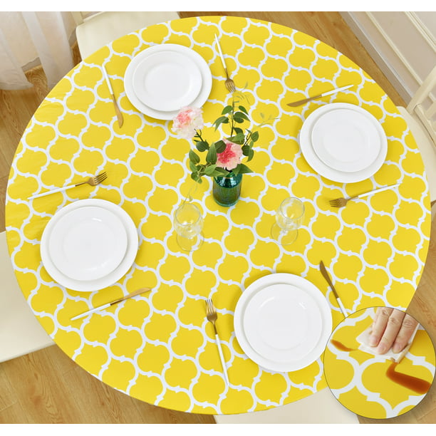 Fitted Round Table Vinyl Elastic Tablecloth Cover Flannel, Lattice Yellow (36 - 42 Inch Round)