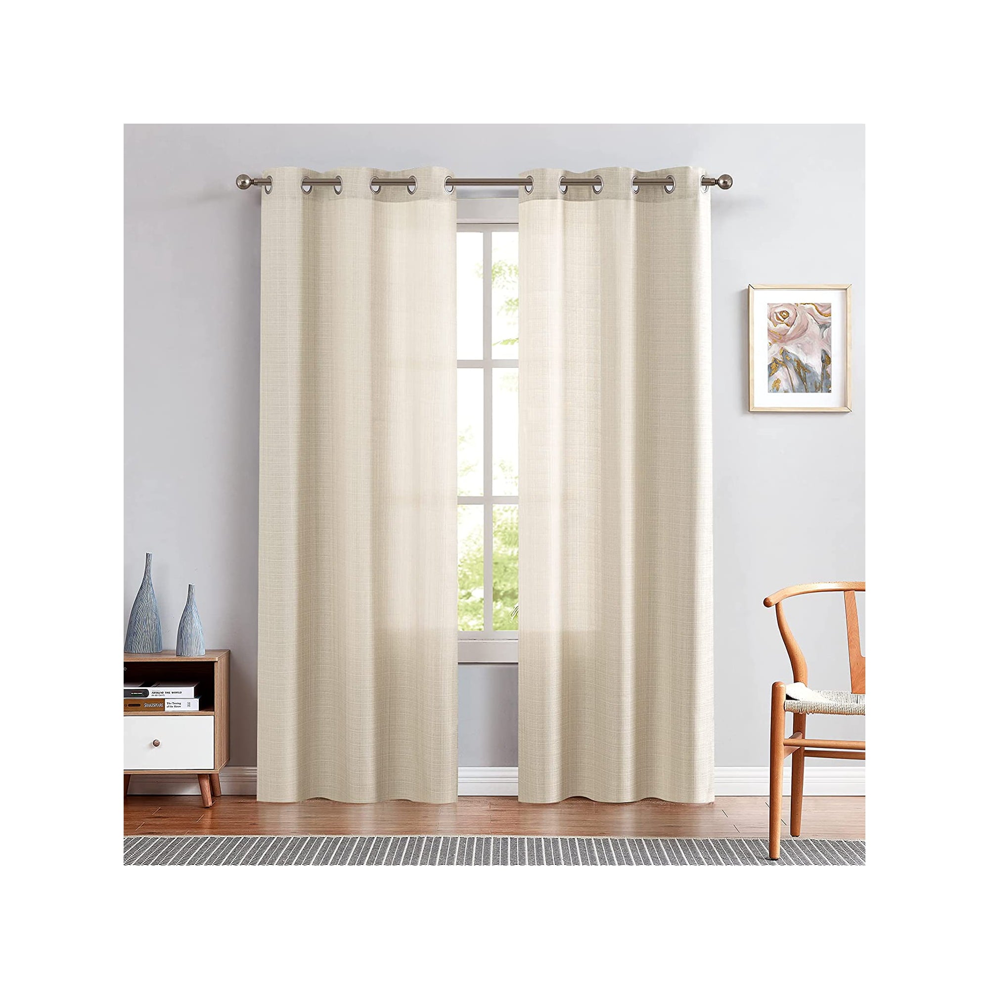 Beige Linen Textured Window Curtains, Light Filtering Drapes Grommet Top 2 Panels (W38 x L84)