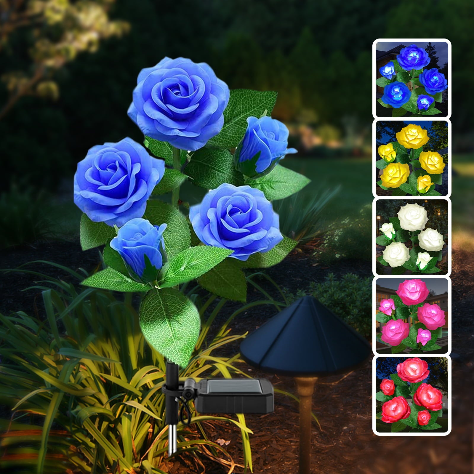 Solar Outdoor Garden Light Led Lamp Lights with 5 Rose Flowers for Patio Yard (Blue)